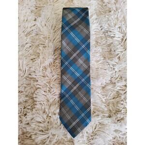 JF J Ferrar Men's Slim Tie Metallic Teal Grey Silver Plaid Shimmer Necktie